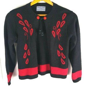 Women's Alpaca Style Sweater Cardigan Black Red Tie Collar Bolivia Soft Small